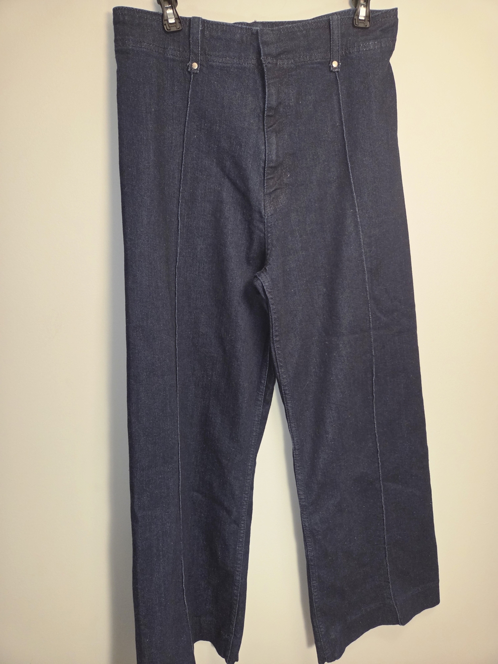 Zara Dark Wash Wide Leg Denim Trousers Size 6 Pintuck Jeans.